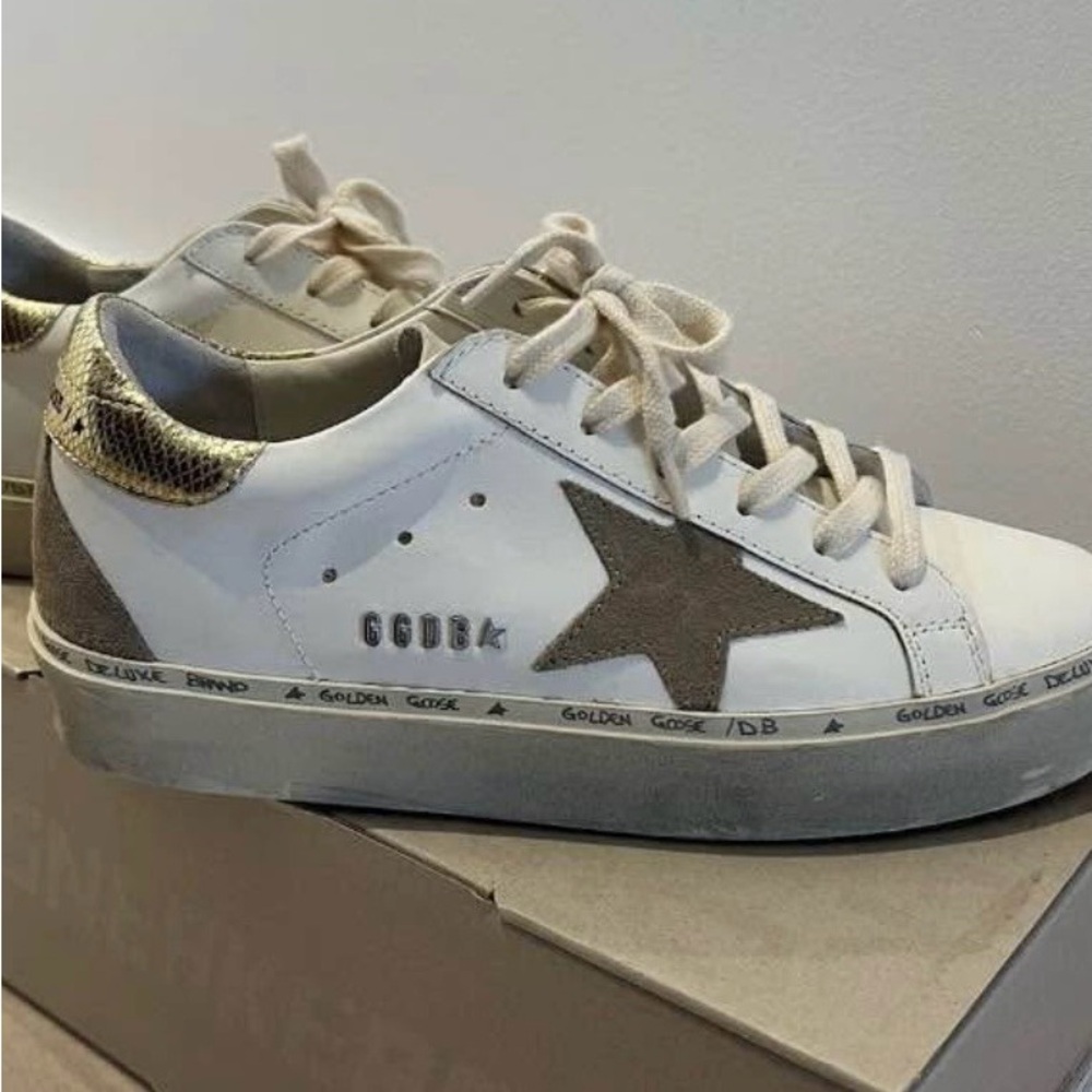 Golden Goose White and Gold Platform Sneakers